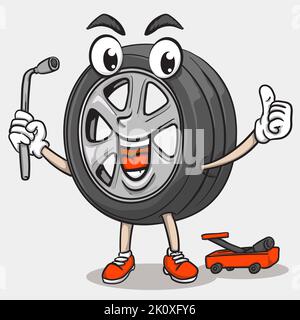 smile face tyre character holding tire lock and thumbs up . funky tire mascot icon illustration Stock Vector