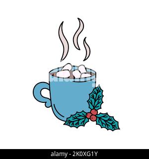 Mug of hot chocolate with marshmallows and holly leaves. Isolated sweet cocoa beverage. Christmas holiday and winter cozy evening symbol. Vector doodl Stock Vector