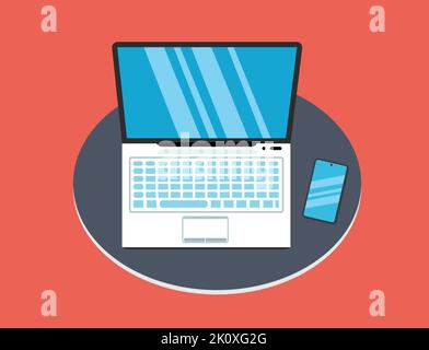 Laptop On A Table With Modern Smartphone Vector Illustration Technology Background Stock Vector