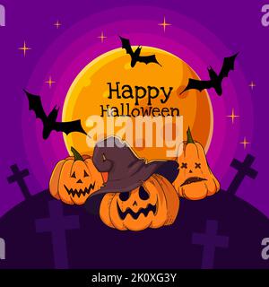inscription happy halloween pumpkins with grimaces in the cemetery bats nga against the backdrop of the full moon Stock Vector