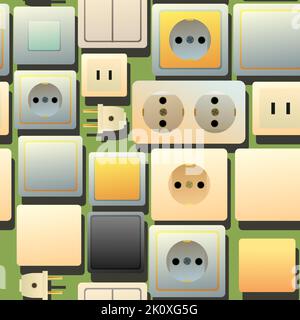 Sockets and switches. Electrical appliances for home network. Spare parts for work of an electrician. Seamless pattern. Vector. Stock Vector