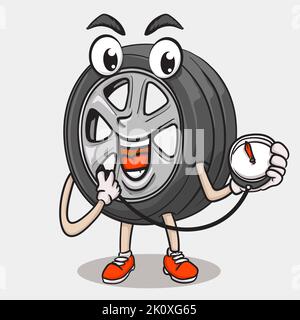 smile face tyre character holding tire preasure. funky tire mascot icon illustration Stock Vector