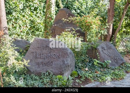 Bardejov, Slovakia - 9.15.2022  Park and museum of famous rock band Beatles. Memorial stones with John Lennon and sir Paul McCartney signed names. Stock Photo