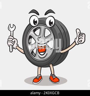 smile face tyre character holding wrench and thumbs up. funky tire mascot icon illustration Stock Vector