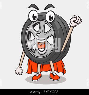 smile face tyre super hero get ready to fly character. funky tire mascot icon illustration Stock Vector