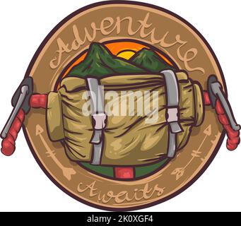 adventure awaits. mountains behind handlebar bag luggage for bike packing vector illustration Stock Vector