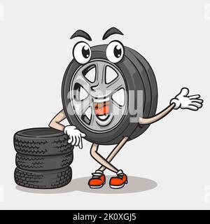 smile face tyre character standing in front tires stack. funky tire mascot icon illustration Stock Vector