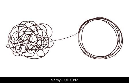 Tangle chaos, psychoterapy concept. Business design in one line, order theory. Doodle graphic spiral solution. Vector object isolated on white Stock Vector