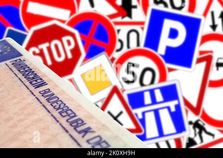 German driving license and road signs Stock Photo