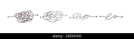 Simple line and complex easy way. Scribble doodle chaos mindset. Problem solving, difficult line. Vector hand drawn concept path Stock Vector