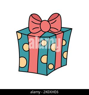 Gift box doodle isolated. Vector outline illustration of cute cartoon colorful giftbox on white background. Present hand drawn design element for Chri Stock Vector