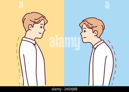 Comparison of man with good and bad back posture. Male suffer from scolisosis from sedentary work. Vector illustration.  Stock Vector