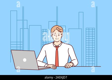 Successful young businessman sit at desk in modern office working on computer. Smiling male employee work on laptop in company workplace. Vector illustration.  Stock Vector