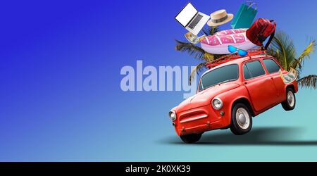 Red car with with things for vacation and camping. Preparing to travel by car on a summer day in nature Stock Photo
