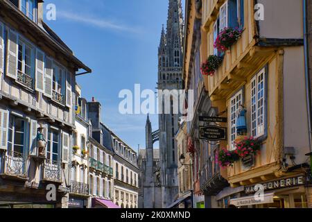Medieval street with 15th and 16th century half-timbered houses in Quimper Stock Photo