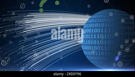 Image of data processing over globe and question marks Stock Photo