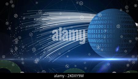 Image of data processing over globe and question marks Stock Photo