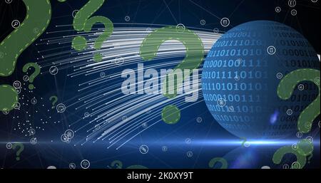 Image of data processing over globe and question marks Stock Photo