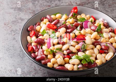 Three bean American picnic salad has cannellini beans, kidney beans, garbanzo beans, red onion, parsley and a sweet and sour dressing closeup in the p Stock Photo