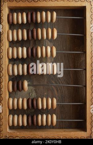 Old arithmetic abacus on the desk top view background with copy space Stock Photo