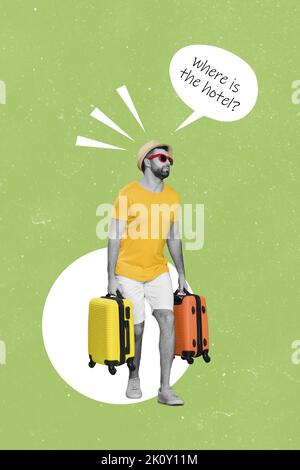 Creative photo artwork graphics collage of tired exhausted tourist man husband carrying heavy suitcases ask comics bubble want rest relax Stock Photo