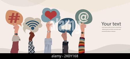 Group of raised hands of diverse culture of people holding speech bubble with social media signs and symbols. Concept sharing friendship exchange.Team Stock Vector