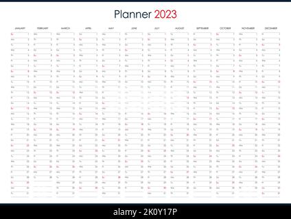 2023 year planner, calendar. Wall organizer, yearly planner template. Vector illustration. Vertical months. One page. Set of 12 months. Stock Vector