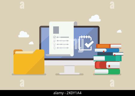 Computer monitor with folder and stack of books. Vector illustration Stock Vector