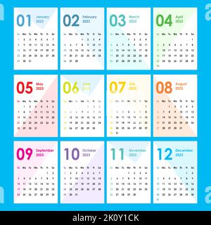 Calendar for 2023. Simple and clean appearance. Geometric figures background. Pocket cards. Wall, office calendar. Week starts sunday. Stock Vector