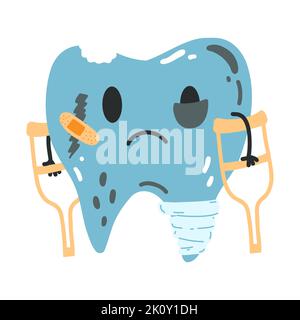 Unhealthy tooth character with crutches in cartoon flat style. Hand drawn vector illustration of sick broken molar with bandages, plaster for for Stock Vector