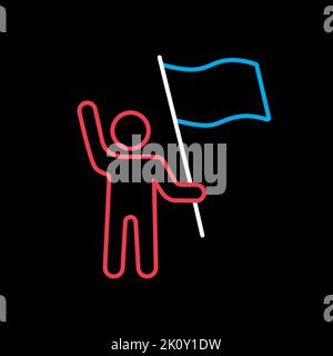Man standing and holding in hands flag, banner vector isolated on black background icon. Demonstration, protest, strike, revolution. Graph symbol for Stock Vector