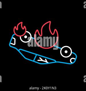 Burning car vector isolated on black background icon. Auto accident, inverted car with fire. Demonstration, protest, strike, revolution, automobile cr Stock Vector