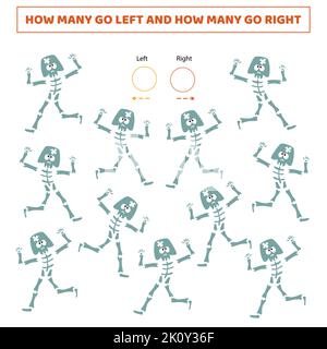 How many go left.How many go right.Counting game with cute cartoon skeleton.Worksheet for kids. Stock Vector