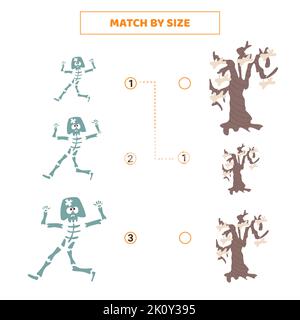 Match by size for cartoon skeleton and tree. Educational game for kids. Stock Vector