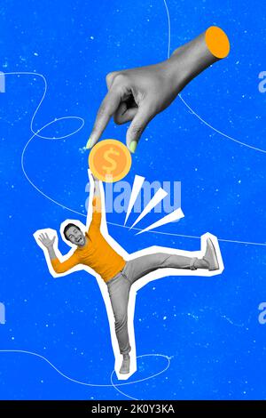 Vertical creative collage image of excited happy man giving getting big golden coin dollar sign hand salary payment buyer costumer retail Stock Photo