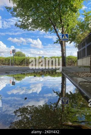 Reflection of beautiful cloudy sky and tree in a puddle on the road. Calm after the storm concepts Stock Photo
