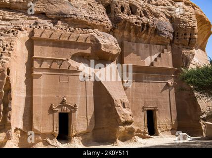 Two side by side skilfully carved tombs Jabal Al Banat Hegra Saudi Arabia Stock Photo