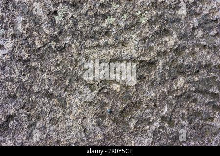 Close view of the rough surface of a cut granite boulder in morning light.
