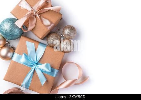 Gift boxes and Christmas decorations on a white background. Stock Photo
