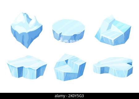 Set Ice floe, frozen water piece, iceberg in cartoon style isolated on white background. Polar landscape element, ui game asset. Winter decoration. Vector illustration Stock Vector