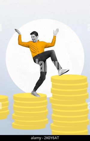 Vertical collage portrait of excited positive guy black white effect walk climb coins pile stack isolated on drawing background Stock Photo