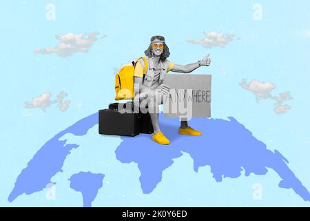 Composite collage graphics sketch photo of hippie man sit planet catch vehicle go adventure travel isolated on painting color background Stock Photo