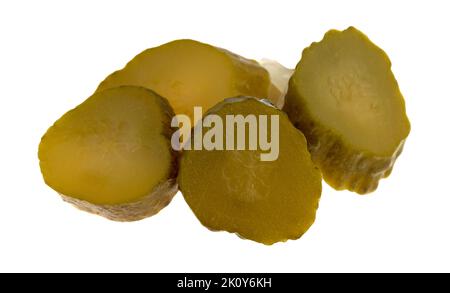 Side view of pickled cucumber slices isolated on a white background. Stock Photo