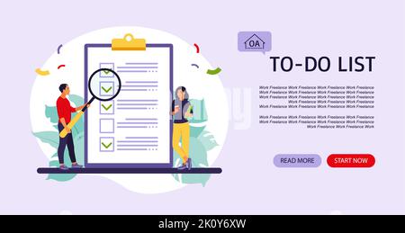 Checklist, to-do list landing page. Business idea, planning or coffee break. Vector illustration. Flat style. Stock Vector