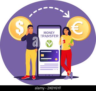 Currency conversion concept. Mobile bank users transferring money. Online payment. Vector illustration. Isolated flat. Stock Vector