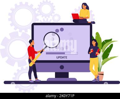 Update concept. Programmers upgrading operation system of computer. Vector illustration. Flat Stock Vector