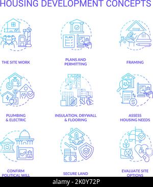 Housing development blue gradient concept icons set Stock Vector