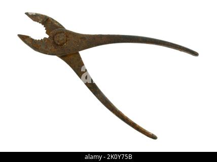 Top view of an old pair of rusty and used pliers isolated on a white background. Stock Photo