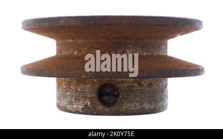 Side view of an old rusty pulley wheel with the screw for the key slot isolated on a white background. Stock Photo
