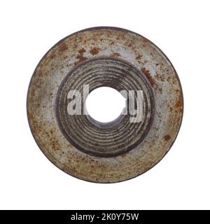 Overhead view of an old pulley wheel with the key slot isolated on a white background. Stock Photo